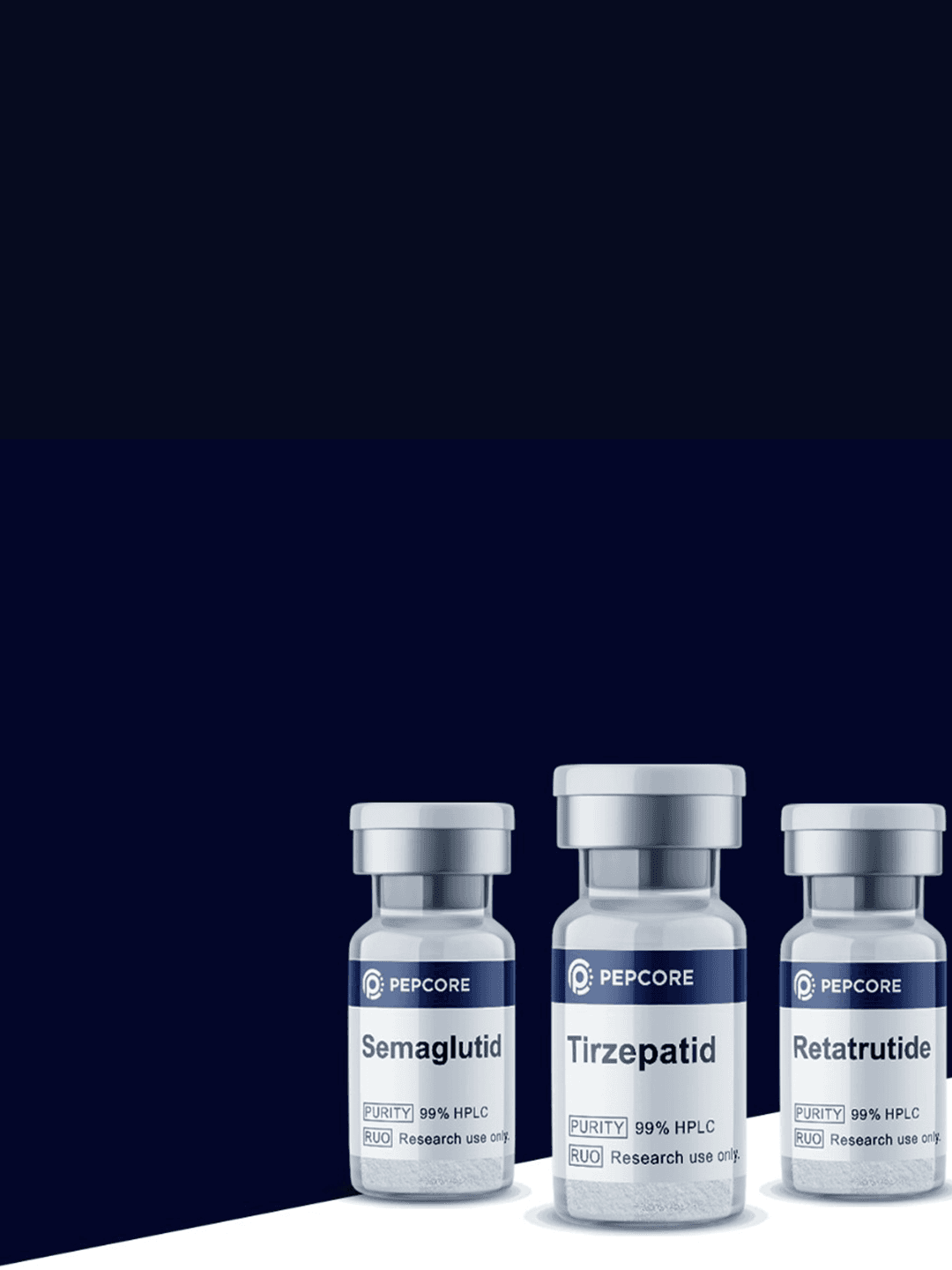 Pepcore branded research peptide vials — Semaglutide, Tirzepatide, Retatrutide