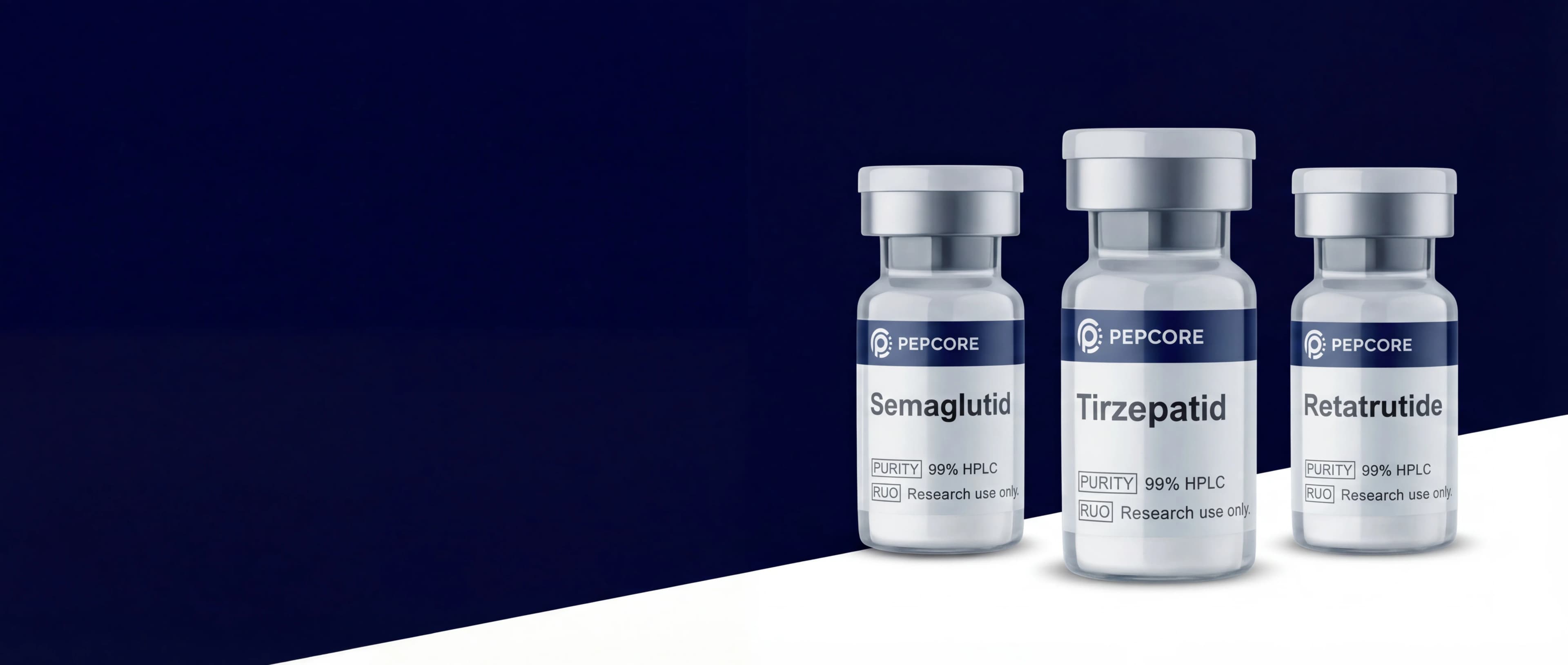 Pepcore branded research peptide vials — Semaglutide, Tirzepatide, Retatrutide